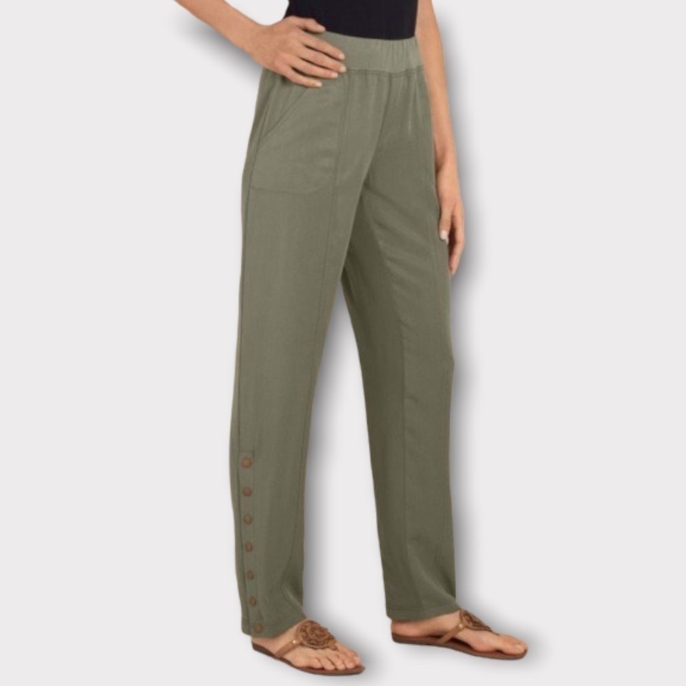 𝅺Soft Surroundings Twill Pants with Ankle Snaps Light Olive Green Sz XS